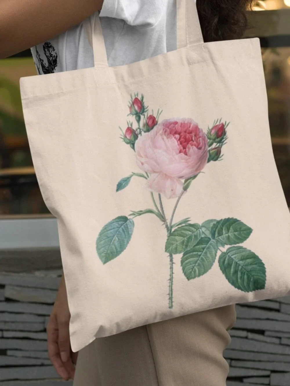 Cabbage Rose Vintage Floral Print Graphic Canvas Tote Bag